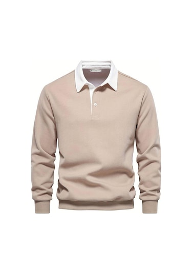 Ghassy Co. Erkek Retro Renk Bloklu Pamuklu Gömlek Yaka Sweatshirt Bej