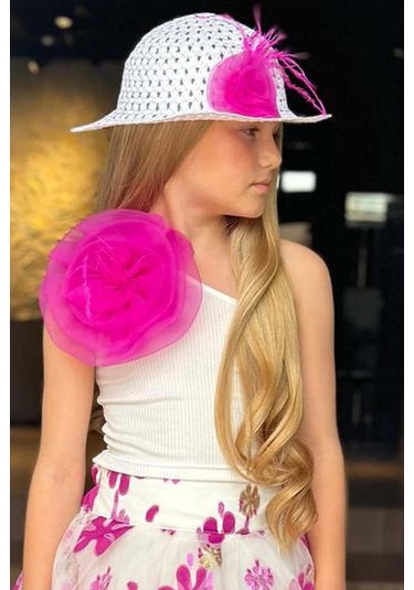 Riccotarz Kız Çocuk Tek Omuzlu Gül Detaylı Bluz Ve Jakar Desenli Fuşya Etekli Takım 001