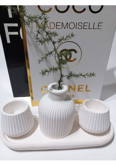Küp Vazolu Tabaklı Tealight Mumluk Set Beyaz