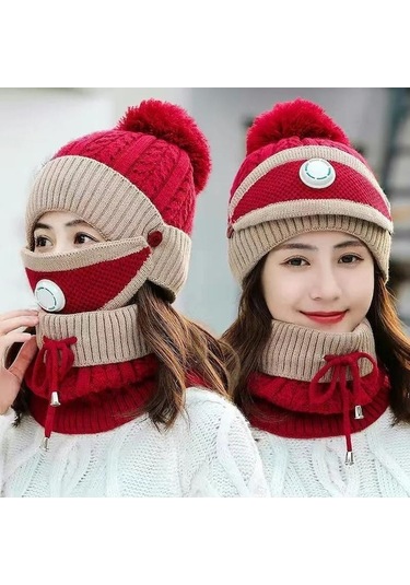 Novahub Üçü Bir Arada Kış Kadın Tek Parça Şapka Artı Kadife Sıcak Pamuk Maske Şapka Yün Kap Baotou Önlük Kırmızı Kırmızı