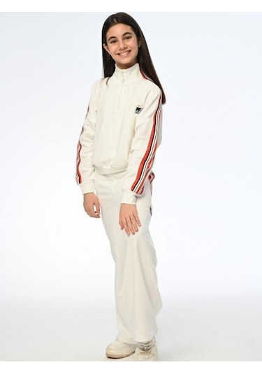 Kız Çocuk Bol Paça Yüksek Bel Yanları Çizgili Eşofman Alt-13400-ekru Ekru