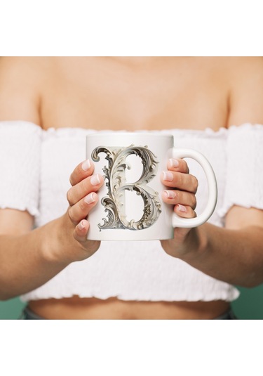 B Harfi Bardak, Monogram 330 Ml Barok Oymalı Görünüm Beyaz