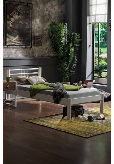 Asos-s Tek Kişilik Ferforje Metal Karyola-beyaz Ahşap Latalı