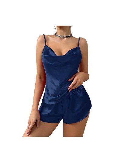 Buz İpek Atlet Pijama Kadın Moda İki Parça Ev Giyim İnce Ev Askılı Şort Takımı Lacivert