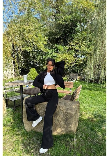 Neşeli Butik Kadın Siyah Fermuarlı Kışlık Salaş Eşofman Takımı Nbg026 Siyah