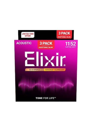 Elixir Nanoweb Bronz 3 Lü Paket Akustik Gitar Teli 11-52