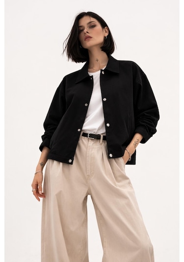 Kadın Oversize Basic Gabardin Mevsimlik Polo Yaka Ceket-385 Siyah