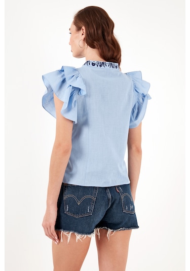 Lela Pamuklu Regular Fit Nakış Işlemeli Bayan Bluz 611Bz0253 Mavi