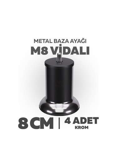 Baza Ayağı 8 Cm M8 Vidalı 4 Lü Set Metal Krom Yatak Mobilya Ayağı İnce Vida Krom M8 8 Cm