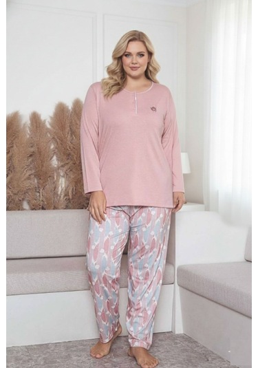 Kadın Çiçek Desen 3 Düğme Likralı Viskon Mevsimlik Büyük Beden Uzun Kol Pijama Takımı Pembe
