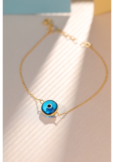 Moom Mücevherat Kadın 14 Ayar Altın Göz Bileklik Klasik Mavi Altın Nazar Gözlü Bileklik Uzatmalı 18 CM Sarı Altın