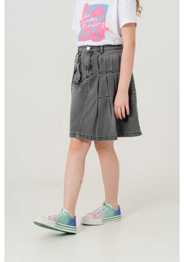 Kız Çocuk Sol Pileli Kot Etek 2955 Gri