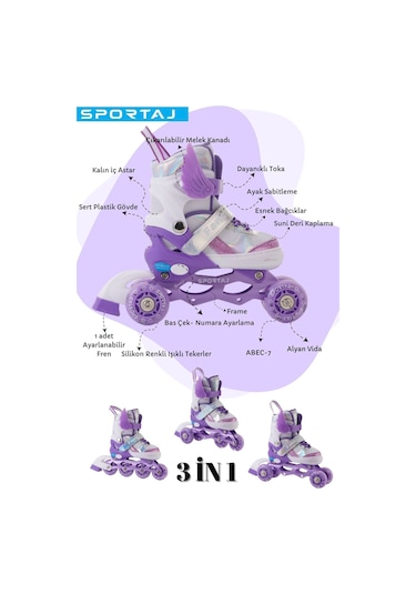 Melek Kanatlı Işıklı Çocuk Pateni Kask Ve Dizlik Seti Silikon Teker Ayarlanabilir Paten Çantalı Lila