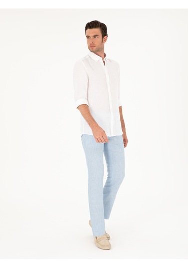 Cacharel Açık Mavi Slim Fit %100 Keten Pantolon Denim