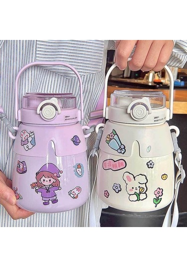 Dinosaurs 1l Sevimli Termos Paslanmaz Çelik Çift Içme Kabı Göbek Saman Su Şişesi-331 Altın