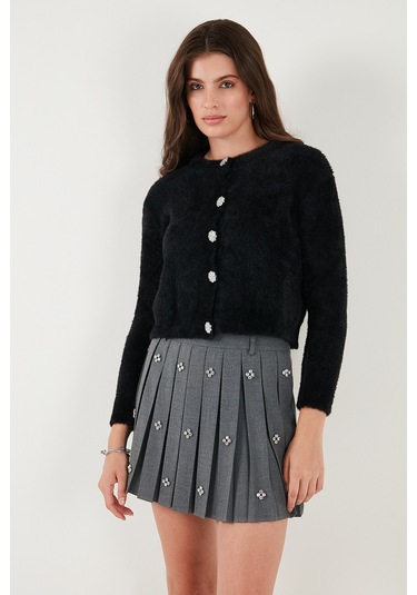 Lela Fitted Fit Bisiklet Yaka Yumuşak Dokulu Crop Bayan Hırka 4615559 Siyah