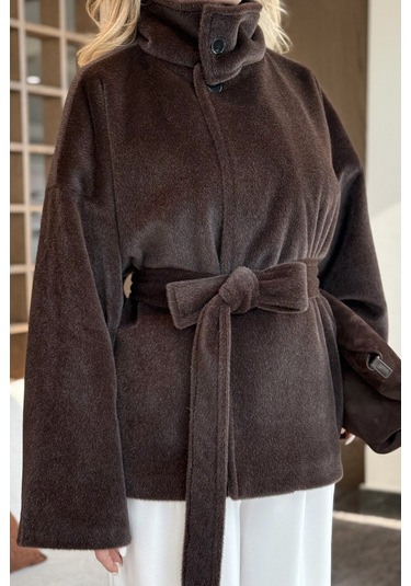 Acı Kahve Yaka Düğmeli Kuşaklı Peluş Ceket - 1624 Acı Kahve
