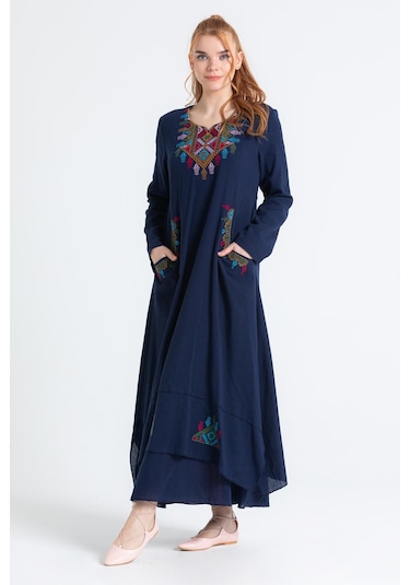 Uzun Kol Şile Bezi Nakışlı Antik Uzun Elbise Lacivert Lcvt-lacivert