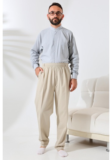 Erkek Krem Rahat Kesim Beli Lastikli Keten Hac Ve Umre Şalvar Pantolon Krem