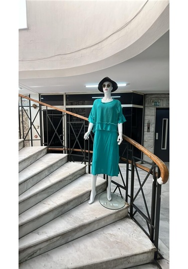 İtalyan Saçak Detaylı Müslin Keteni Yırtmaçlı Elbise - Bluz & 2'li Takım-9905 Mint