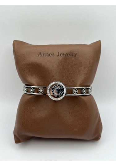 Arnes Jewelry Çelik Silver Zirkon Taşlı Kelepçe Bileklik Ar19 Silver
