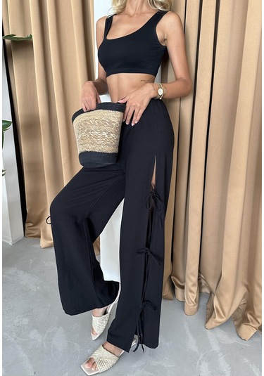 Siyah %100 Pamuk Yan Yırtmaç Ve Bağlama Detaylı Pantolon Siyah