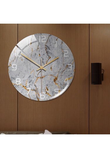 Suntek Mermer Dokulu Yuvarlak Pille Çalışan Ofis İçin İskandinav Tarzı Duvar Saati Gri