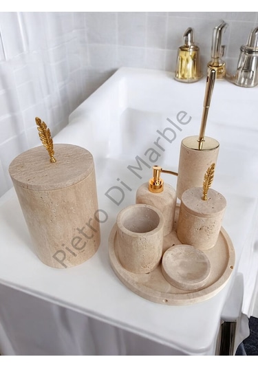 Sarı Traverten Klasik Model 7 Parça Gold Renk Kuş Tüyü Aksesuarlı Banyo Seti Sarı Traverten