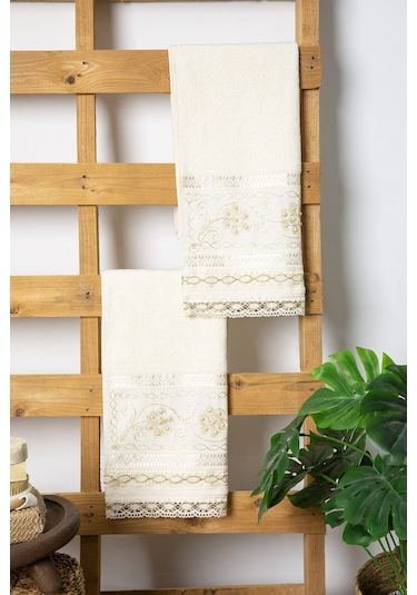%100 Pamuk Güpürlü Çeyizlik 2'li Havlu 50x90 - Krem Krem