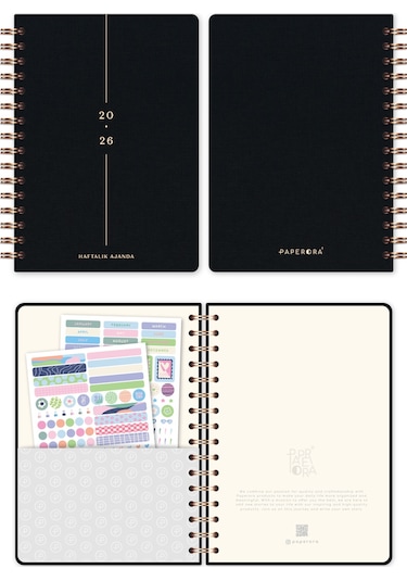 2026 A5 Spiralli Keten Haftalık Ajanda 12 Aylık - Siyah Siyah