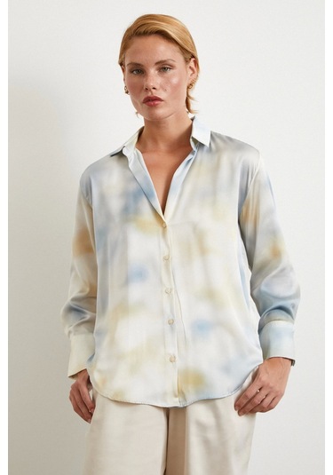 Ebruli Desen Saten Gömlek Buz Mavisi Buz Mavisi