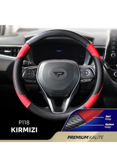 Panda Oto Direksiyon Kılıfı - Deri / Karbon-kırmızı