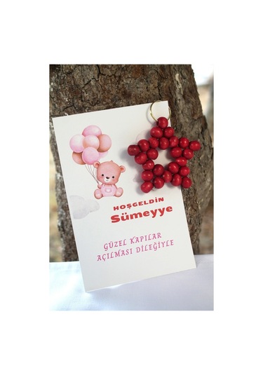 30 Adet Ahşap Yıldız Anahtarlık - Bebek Hediyelik - Kartlı