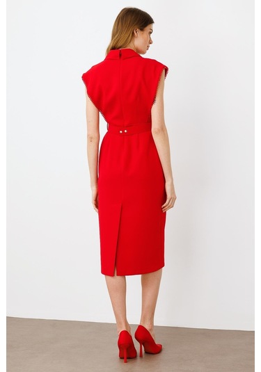 Moda İlgi Kadın Kol Ağzı Boncuk Aksesuar Detaylı Elbise 0015 Kırmızı Kırmızı