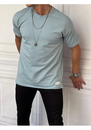 Modefendi Pamuk Likra Yırtmaç Detaylı 2 İplik Oversize Tshirt Mavi