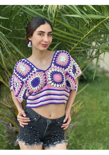 Gönülden Tasarım El Örgüsü Etnik Kadın Crop Bluz Mor