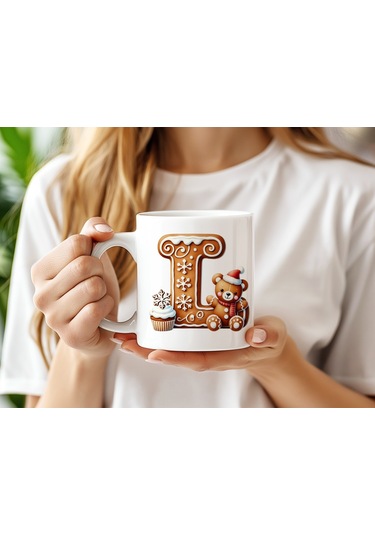 L Kurabiye Harf Ve Ayıcık Detaylı Kupa Bardak - Yeni Yıl / Yılbaşı Temalı Tasarım - Noel Hediye Beyaz