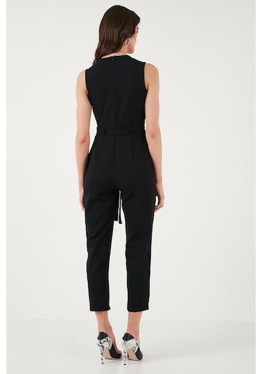 Lela Slim Fit Düz Paça Kruvaze Yaka Kemerli Bayan Tulum 6783626 Siyah