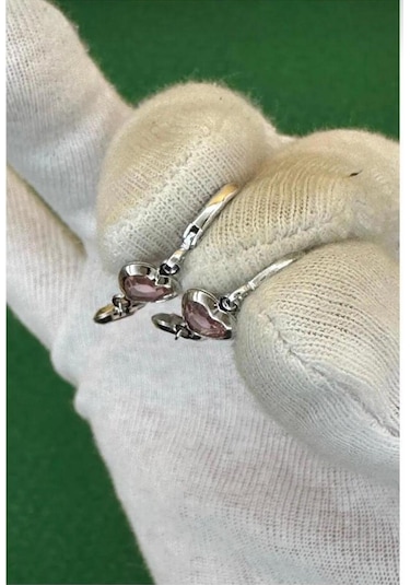 Kadın Gümüş Renk Kalpli Özel Tasarım Sallantılı Küpe Pembe
