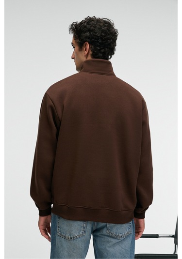 BAXTER Erkek Dik Yakalı Fermuarlı Relaxed Kahverengi Sweatshirt