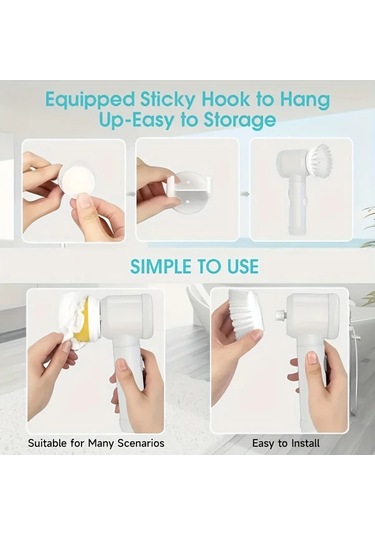 Fochsia White 5 İn 1 Kombinasyonlu Şarj Edilebilir Döner Temizlik Fırçası Mutfak Banyo Ayakkabı Balkon İçin 5 Değiştirilebilir Başlıklı