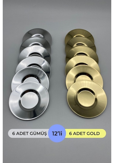 12'li Gold Ve Gümüş Paslanmaz Çelik Çay Tabağı Seti Pasct01 Gümüş