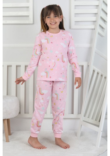 Cute Dreams Pattern Uzun Kollu Kız Çocuk Pijama Takımı Pembe