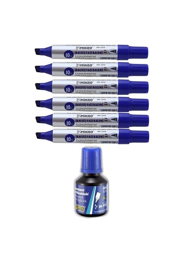 Kesik Uçlu Markör Permanent Kalem 10 MM 6 Adet ve Mürekkep 1 Adet Mavi