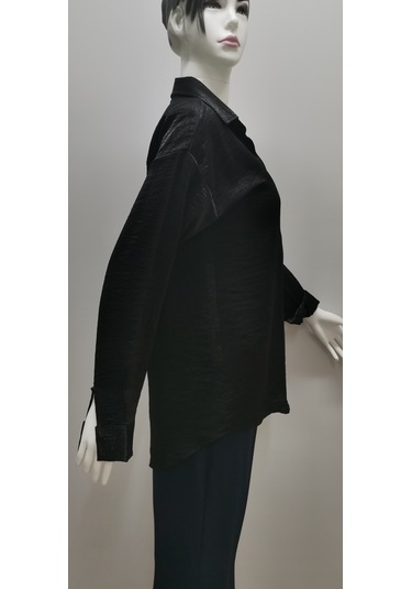 Kadın Uzun Kollu Salaş Parlak Simli Kumaş Pamuk Gömlek Siyah