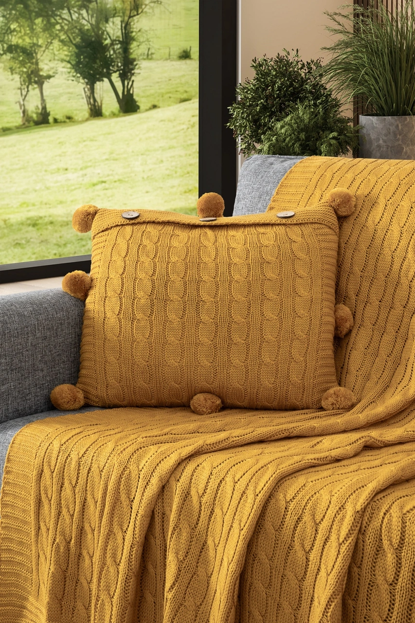 2'li Takım Ponponlu Triko Örme Kırlent Kılıfı & Tv Battaniyesi- Omuz & Koltuk Şalı Seti Hardal Hardal