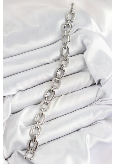 Pirinç Zirkon Taşlı Parçalı Zincir Model Gümüş Renk Kadın Bileklik Gümüş