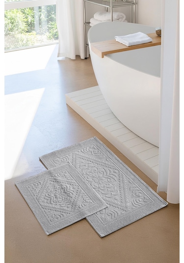 Soley Violeta 2'li Banyo Paspas Seti Kaymaz Taban %100 Pamuk 60x100 - 50x60 Cm Gri