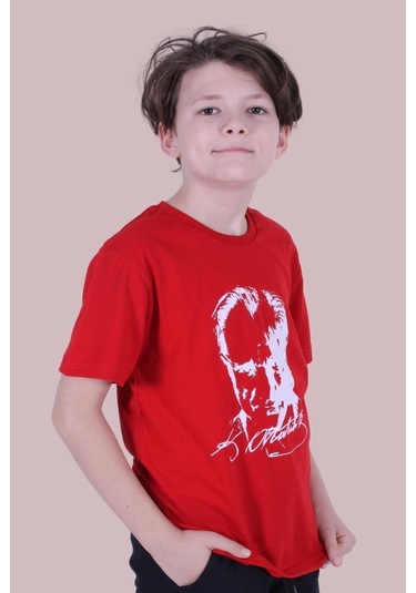 Imzalı Atatürk Baskılı Unisexs T-shırt Kırmızı - Beyaz