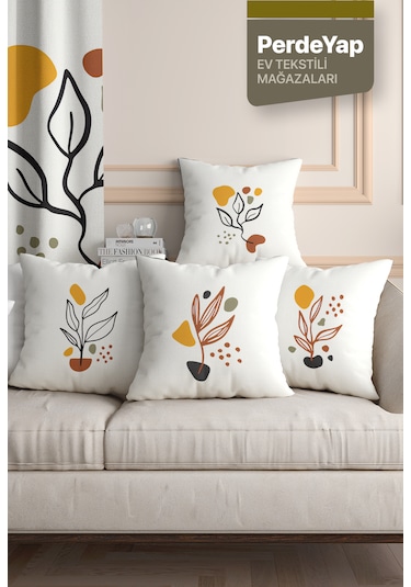 Krem Zemin Üzerine Sürrealist Yaprak Desenli 4lü Kırlent Kılıfı